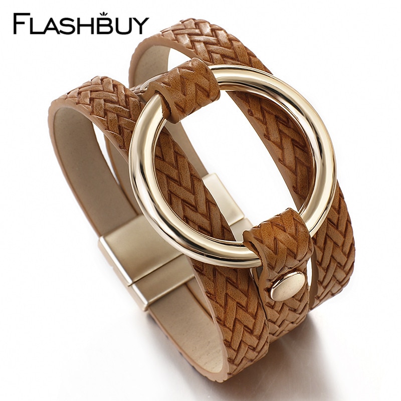 Flashbuy – Bracelets ronds simples en cuir pour femmes, 5 couleurs, Vintage, en métal, accessoires, bijoux