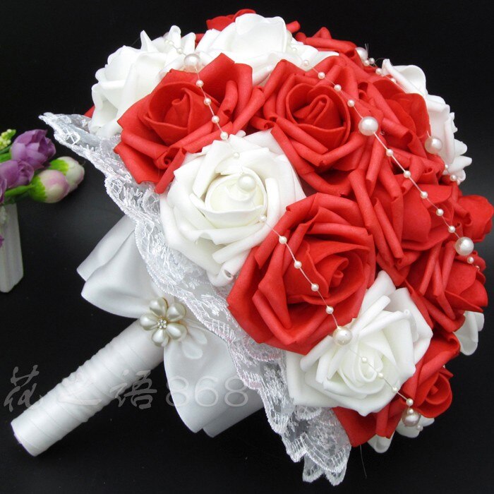 Piękne sztuczne czerwone kwiaty ślubne bukiety ślubne perły kwiat bukiet róż: Czerwony