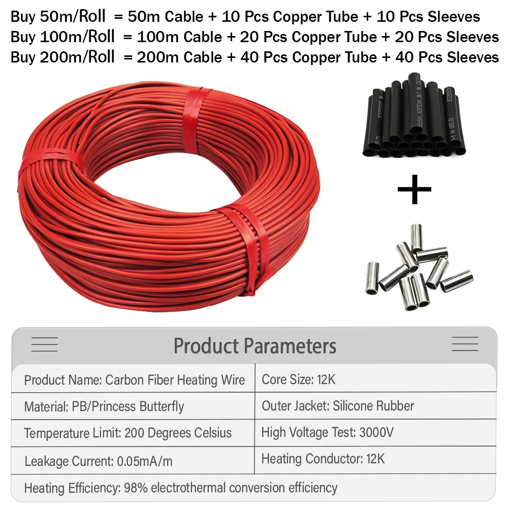 Cabo de Aquecimento de Piso Infravermelho EARU 50/100/200M 12K 33ohm/m, Fio de Aquecimento Elétrico de Carbono em Espiral 3.0mm, Cabo de Fibra para Piso Aquecido Espessado