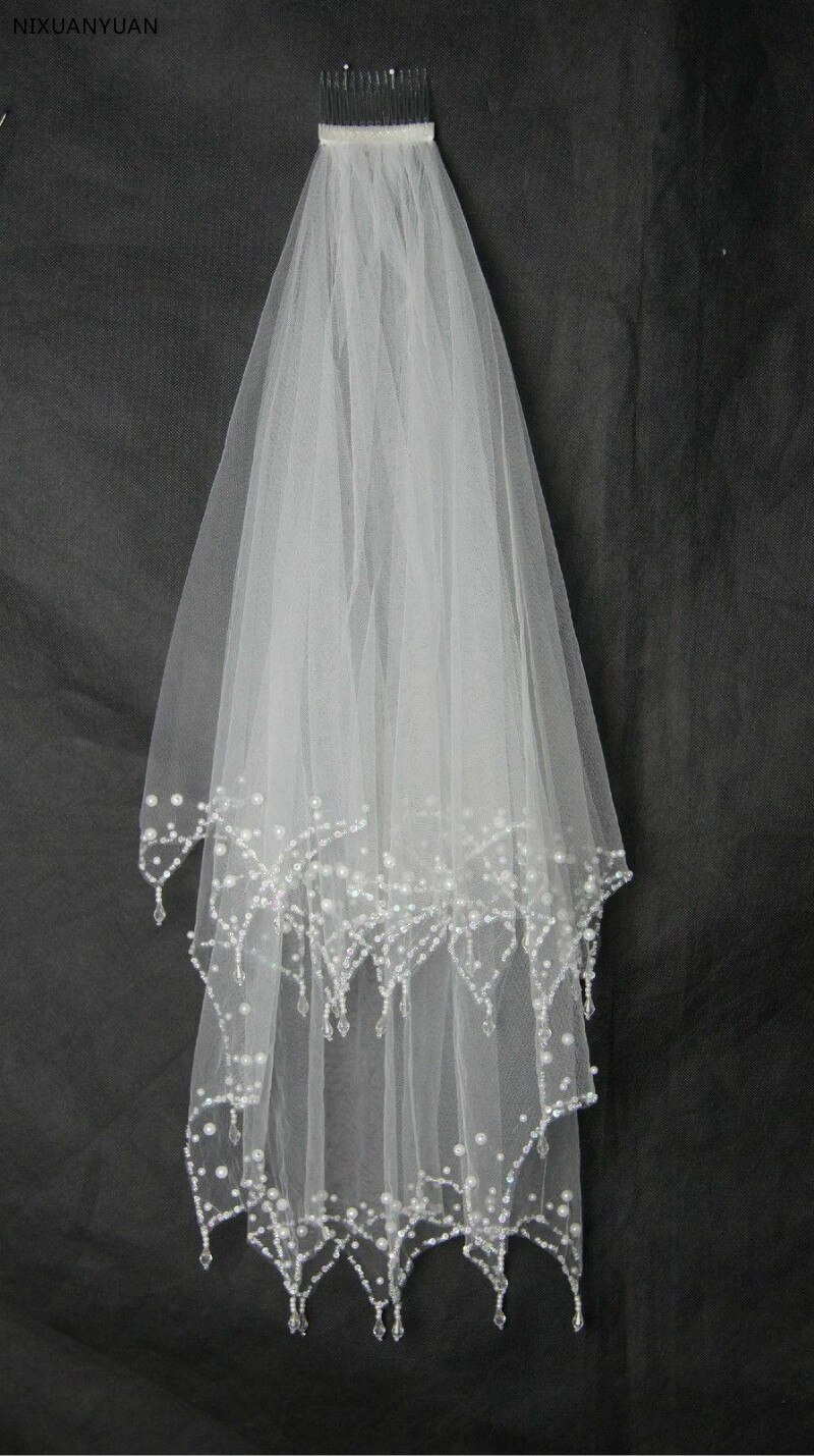 Clear Beaded Cheap Bridal Wedding Veil in Stock 2T Hand Sew Crystal Edge with Comb
