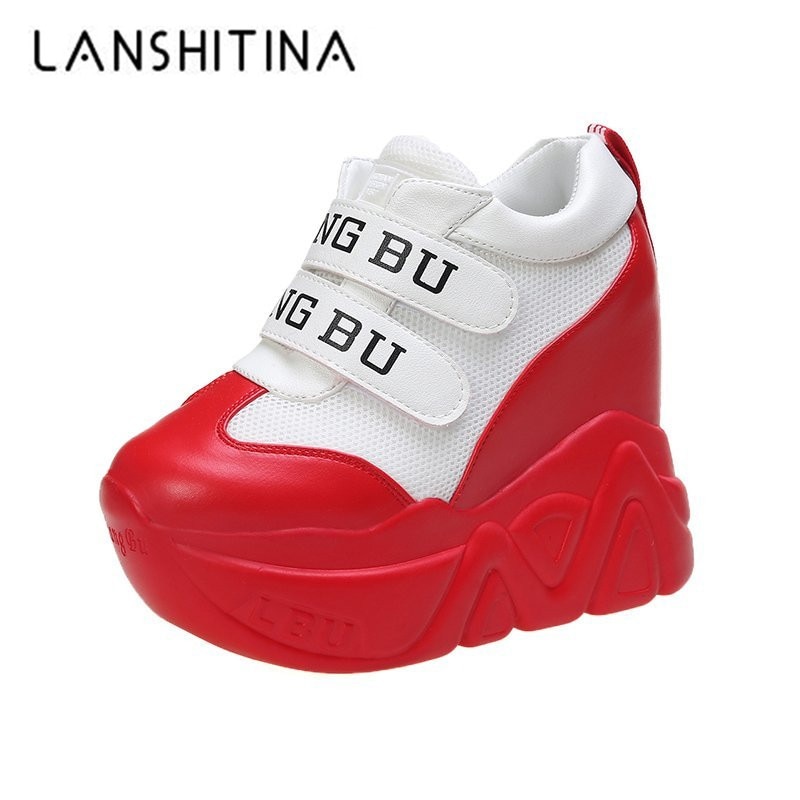 Sommer mesh åndbare sko kvinde høj platform hæle fritidssko kvinder 12cm hæle kiler sneakers chaussures femme