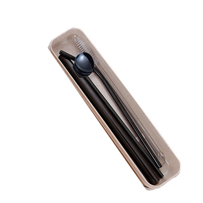 Portable Stainless Steel Straw Set Reusable Color Straw With Cleaning Brush(Set Of 7,1Bent+2Straight+2 Brush+1Spoon+1Box): black