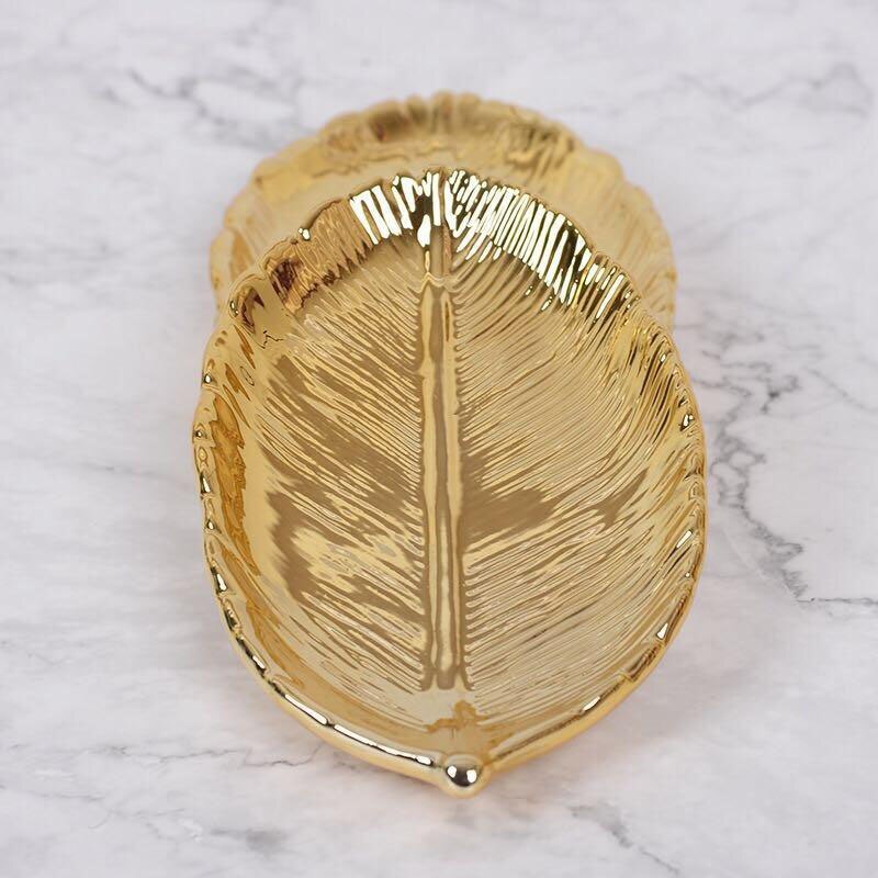 Nordic Ins Gold Leaf Ceramic Storage Tray Gold Leaf Jewelry Tray Dried Fruit Dish Home Decoration