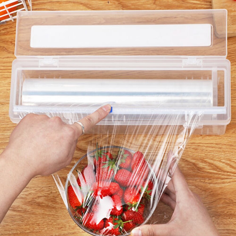 Plastic Food Wrap Dispenser With Slide Cutter Adjustable Cling Film Cutter Preservation Foil Storage Box With Suction Bottom