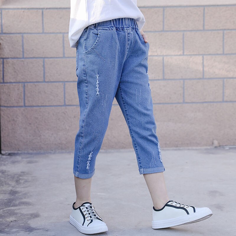 Pantalones vaqueros rasgados para niñas y adolescentes, Jeans sueltos de Color gris y azul, ropa informal con agujeros, X167, novedad de verano