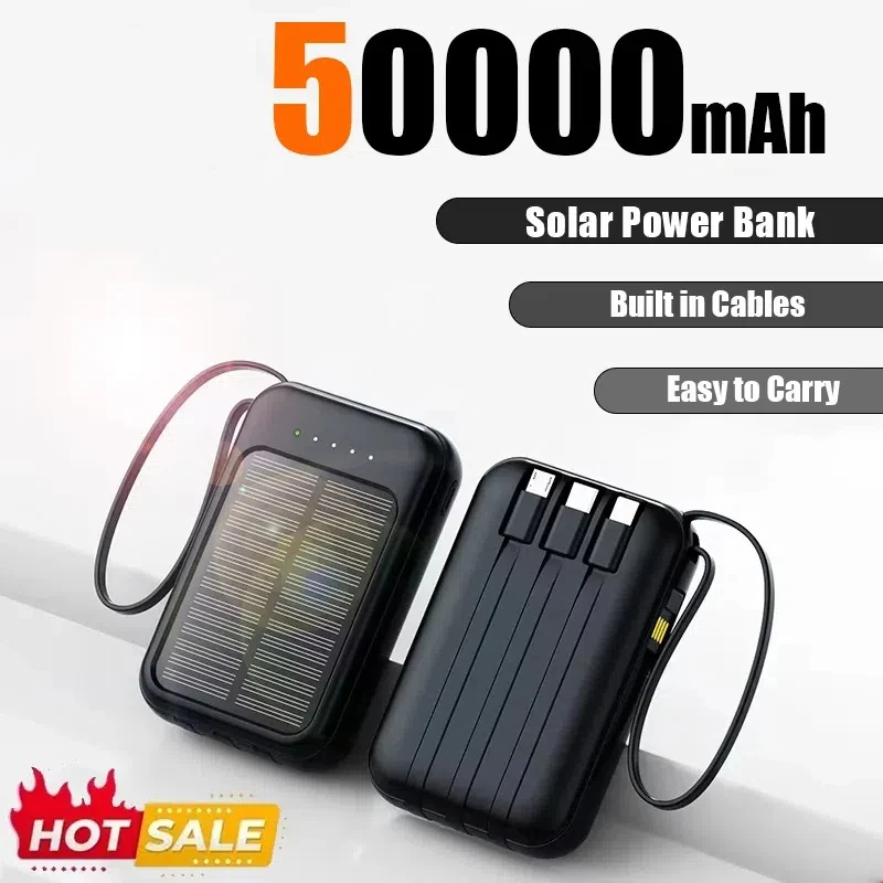 Solar--powerbank 50000 mah, hohe kapazität, ccc-zertifiziert, integrierte kabel, solarladegerät, 2 usb-anschlüsse, externes ladegerät, powerbank-LED, 2026 neue