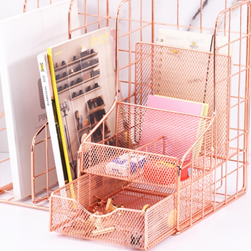 Hollow-out File Folder Rose Gold Magazine File Holder Multiple Compartments Desktop Vertical File Organizer