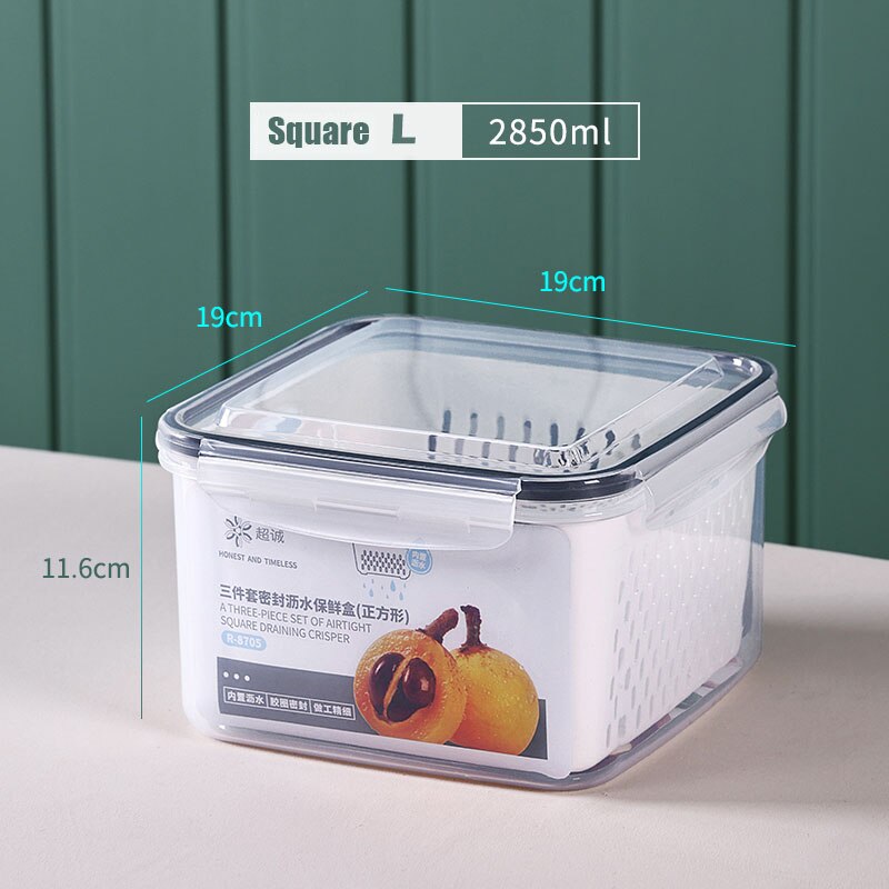 3PCS Kitchen Storage Basket Container Refrigerator Storage Box Fridge Fresh Kitchen Organizer Vegetable Fruit Boxes Drain Basket: NJG226C-2850ML