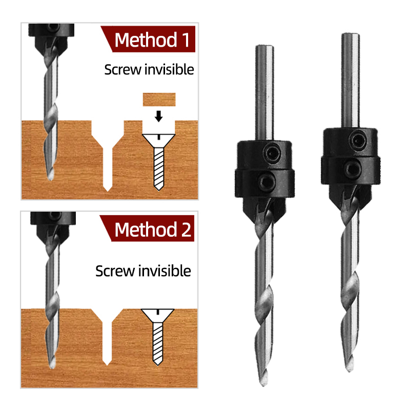 Tapered Countersink Drill Bit Set Woodworking Drilling Pilot Holes Depth Stop Collars Chamfer Counterbore Screw Hole Drill Tools