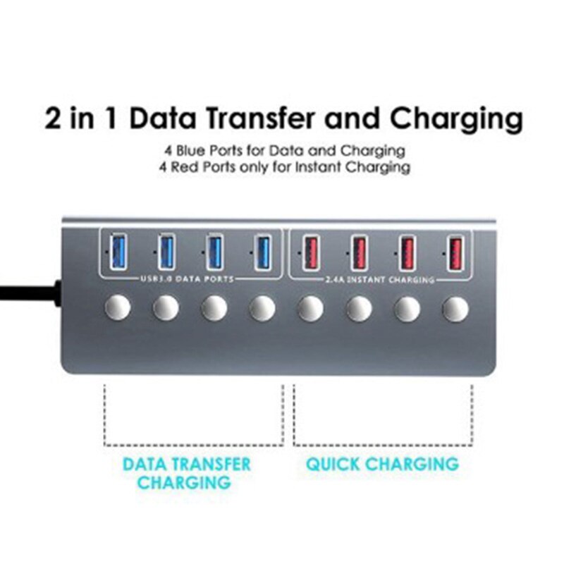 Aluminium 8-Poort USB3.0 Splitter 4 Port Laptop Uitgebreide Usb Hub 4 Poort Snel Opladen Adapter Externe Ons plug