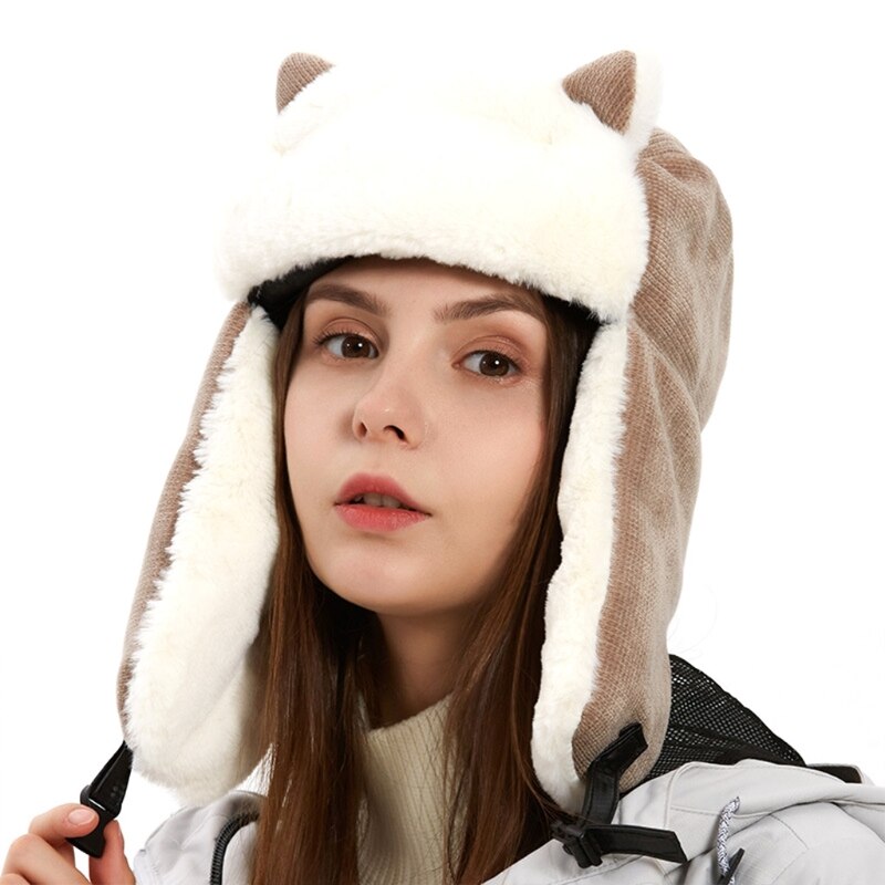Women Winter Thicken Plush Lining Trooper Bomber Hat Lady Cute Cat Ears Outdoor Cold Weather Snow Ski Windproof Earflap Cap: Khaki