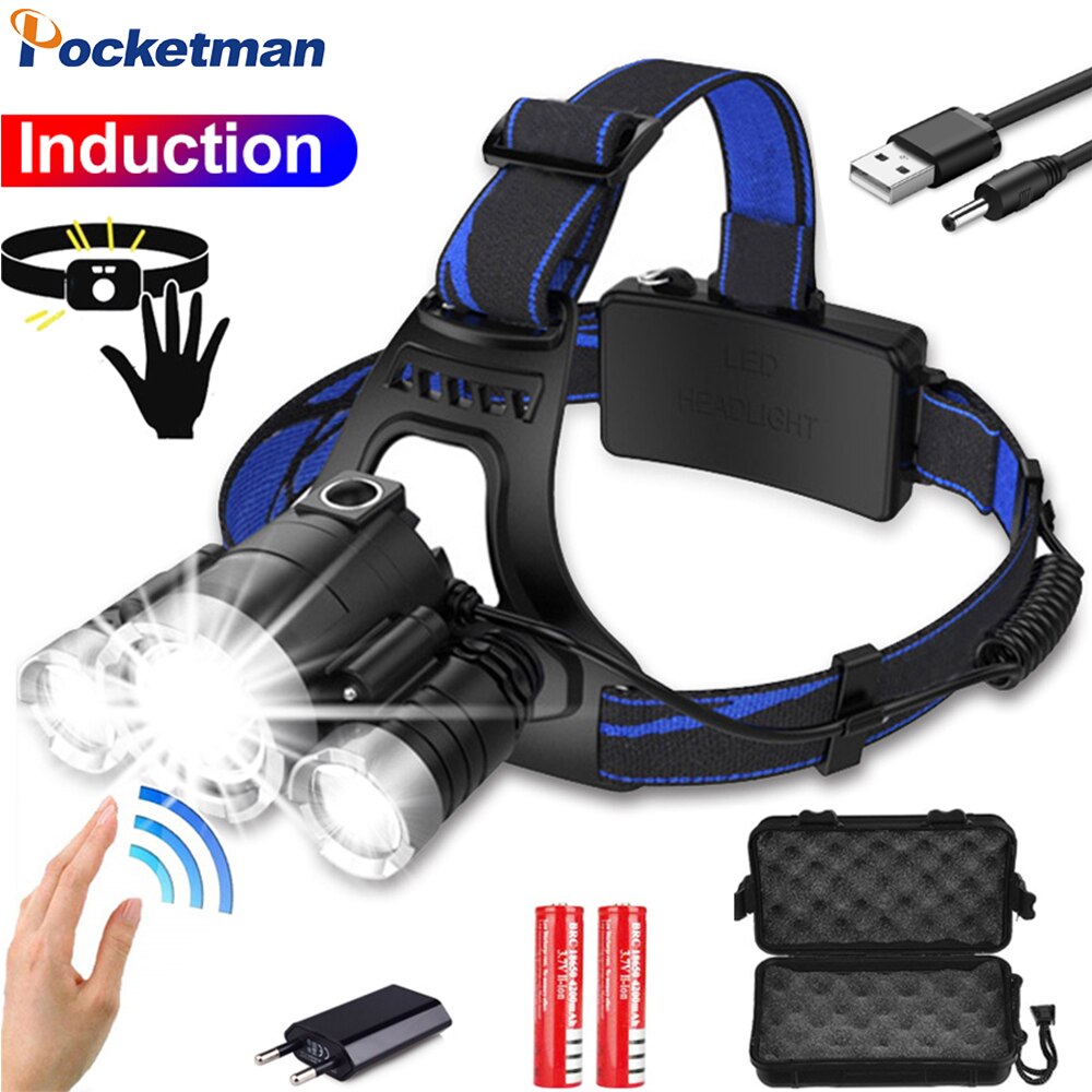 Super Leistungsstarke Sensor Scheinwerfer Wiederaufladbare Körper Motion Sensor Scheinwerfer Wasserdichte LED Kopf Licht USB Kopf Vorder Taschenlampe 18650