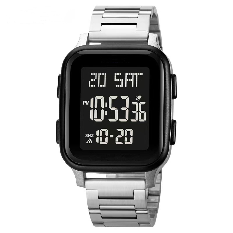 SHUAIKE Digitales Sportuhr für Herren - Wasserdicht Edelstahl, LED-Anzeige, lässig Elektronische Armbanduhr: Silber