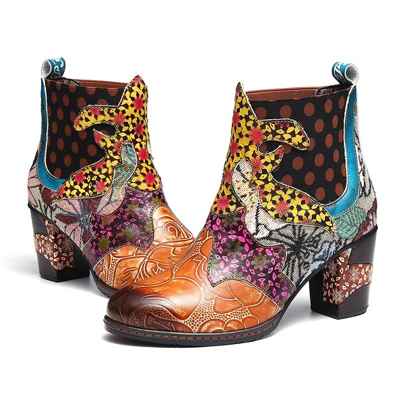 Botas étnicas coloridas de cuero de la PU que empalman los zapatos elegantes de las mujeres de las botas cortas de los tacones altos de la cremallera de la flor