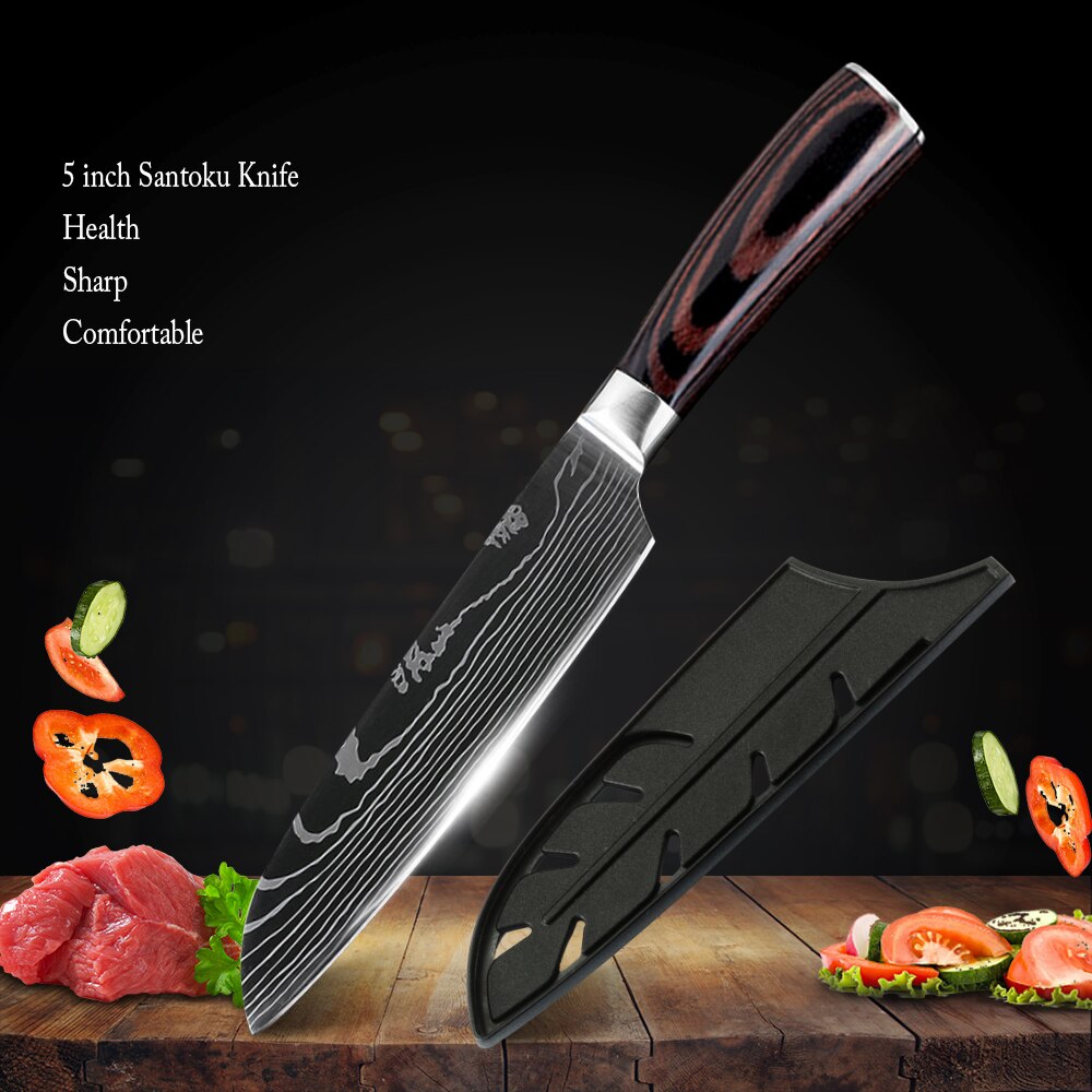Zemen 7 cr 17 rustfrit stål kokkekniv sæt & sliber saks damaskus venes køkkenknive værktøj og 12 lommer kniv rulle taske: 5 in santoku kniv