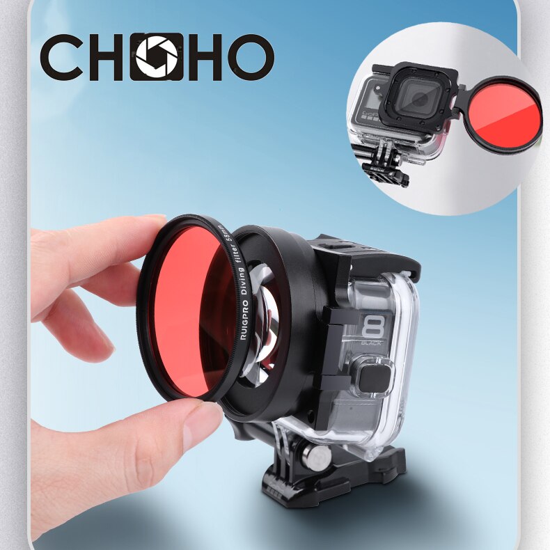 Filtro de buceo 58mm anillo para Gopro 8 Accesorios Negros funda impermeable Original filtros de buceo submarino rojo púrpura + 16 Close Up