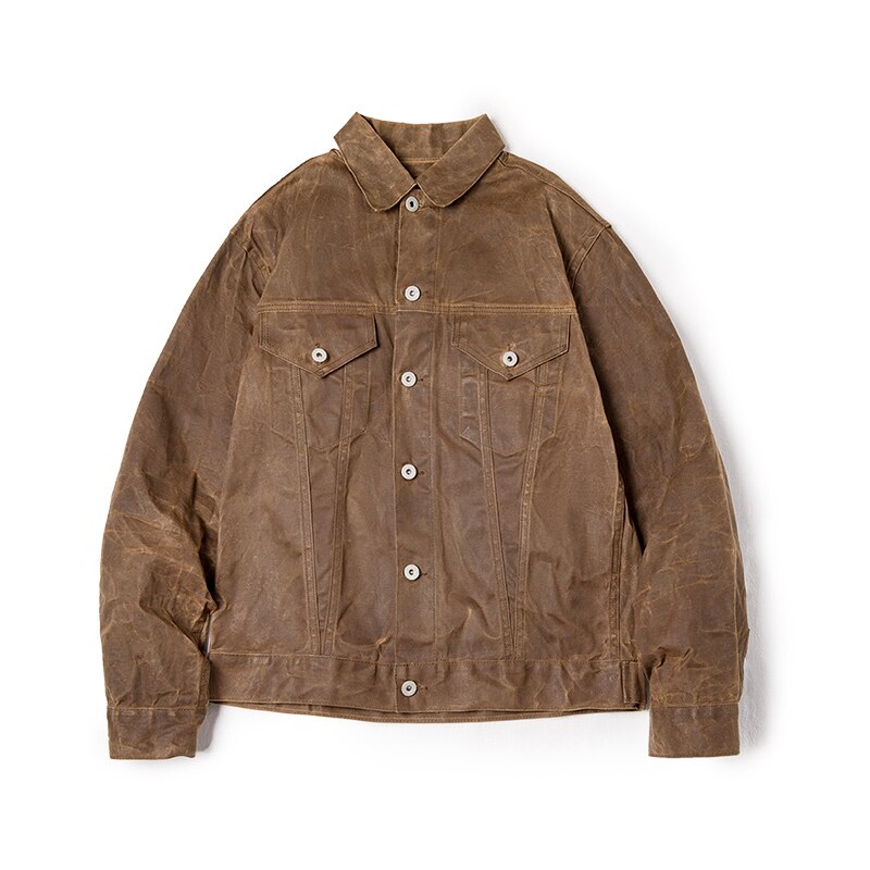 Maden-chaquetas de lona con cera al óleo para hombre, chaqueta Retro de color caqui con múltiples bolsillos, con cuentas, Ami Kaji, con bolsillo grande, ropa Vintage sólida: dark Khaki / M