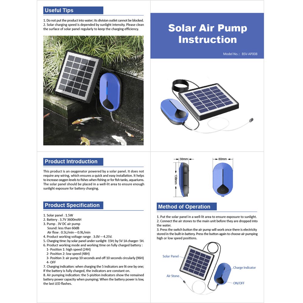 4000mAh Solar Powered Pond Water Pump Garden Air Stone Oxygen Aerator Oxygenator for Outdoor Garden Bath Fish Tank