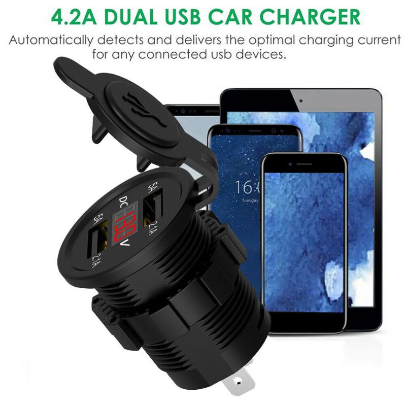 5v wasserdichte usb-ladebuchsen mit zwei anschlüssen und spannungsanzeige/voltmeter für 12-24v autos 2.1a boote und motorräder