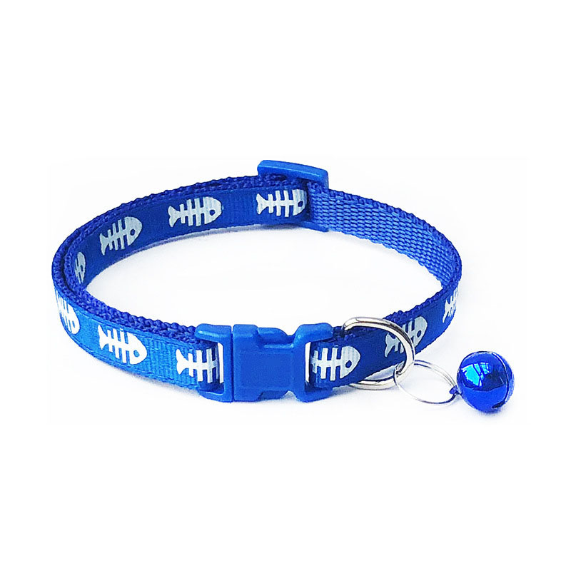 Collar ajustable con estampado de espina de pescado para mascotas, Collar de nailon para cachorros, gatitos y gatos con campanas, 19-32cm, 1,0 cm,
