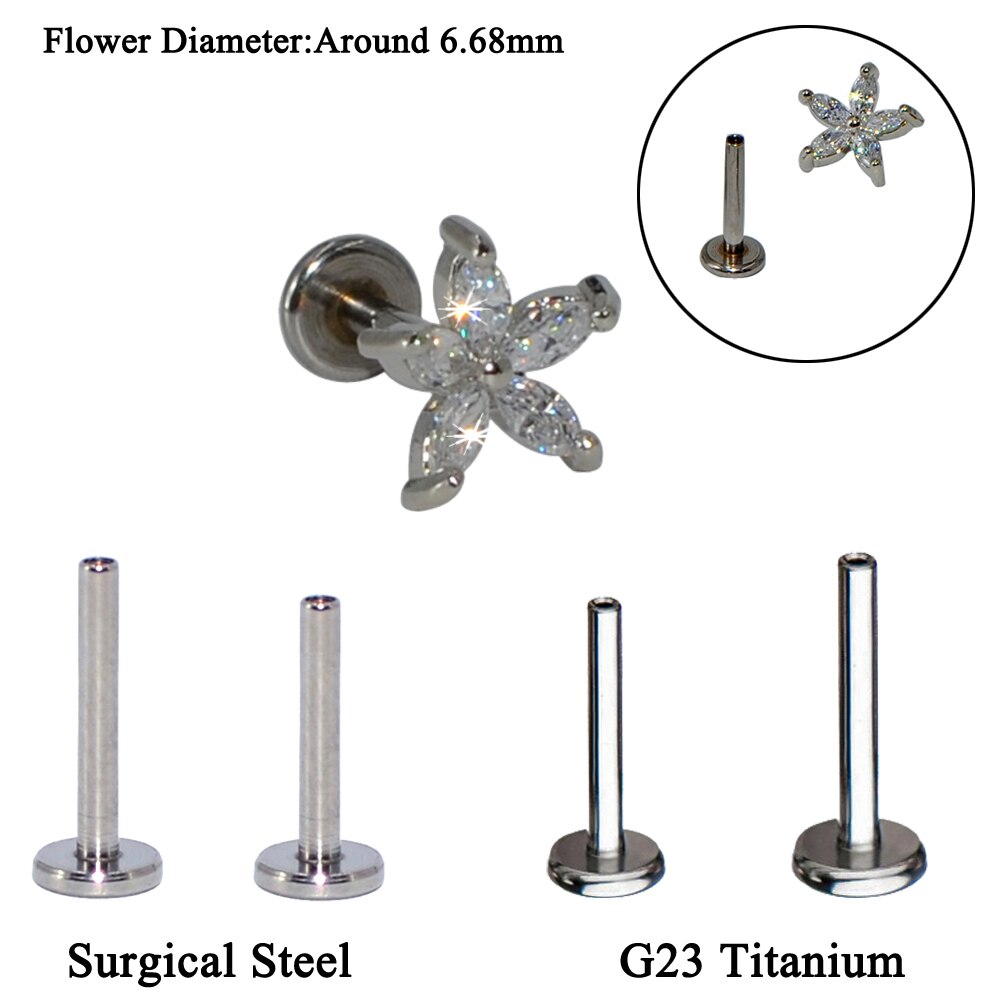 1Pc G23 Titanium & Staal 16G Cz Gem Maan Labret Lip Bar Ring Kristal Bloem Oor Kraakbeen Tragus helix Piercing Schroef Fit Top 16G: Style B / 1.2X8mm Steel Bar