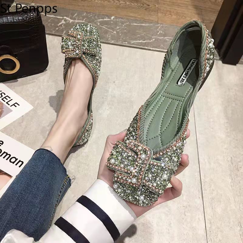 Women Ballet Flats 2022 Bling Crystal Diamond Dress Ladies Bow Sequins Single Shoes Rhinestone Glitter Square Toe Plus Size 43