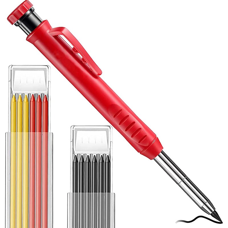 Timmerman Potlood 12 Refill Leads Ingebouwde Puntenslijper Bouw Potloden Voor Timmerman Bouw Houtbewerking Gereedschap: Rood