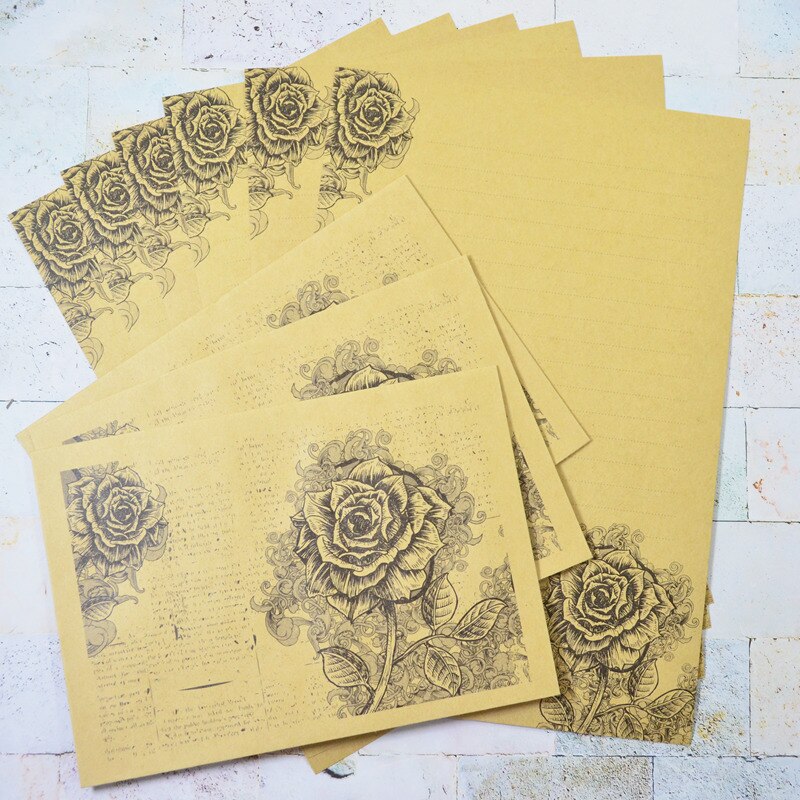 Retro Romantic Rose Letter Paper Envelope Message Card Letter European Kraft Vintage Writing Love Paper Lettering Letter Set