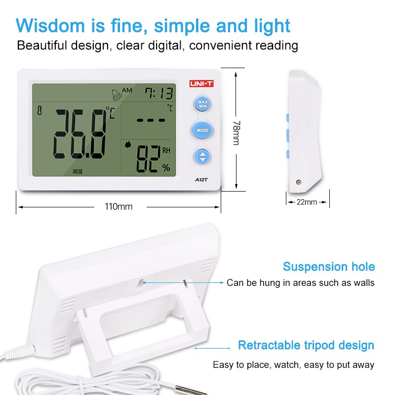 A12T Digital Temperature Humidity Measuring Instrument External Sensor Probe Alarm Clock and 12/24 Time Mode Large Screen