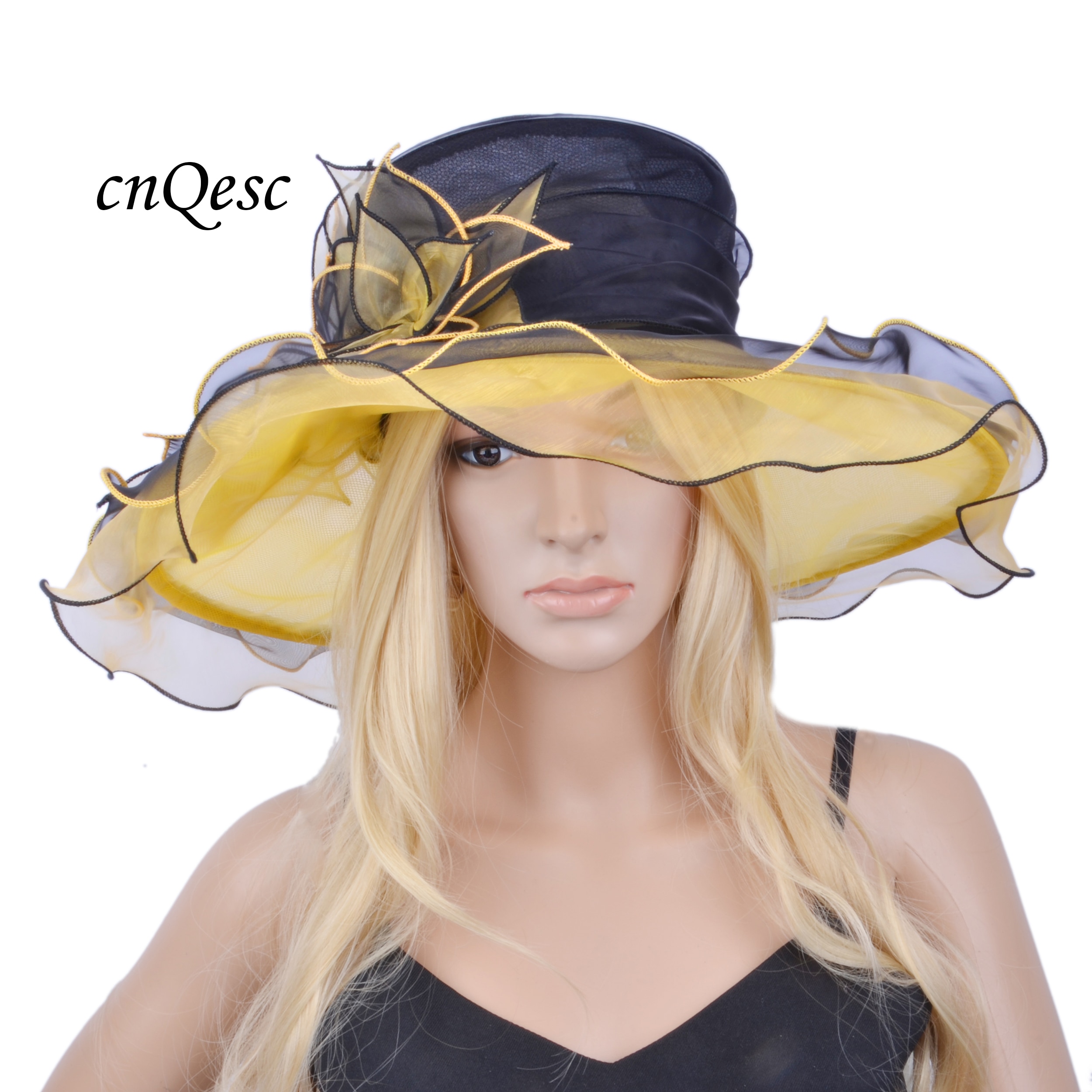 Yellow black big organza hat with leaves flowers for Church Kentucky derby.