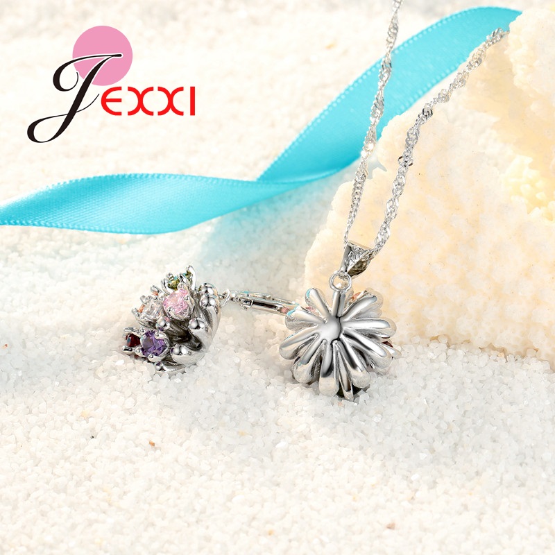 Beautiful Flower Pendant Necklace Earrings Cute Clear Crystal Woman 925 Sterling Silver Jewelry Set