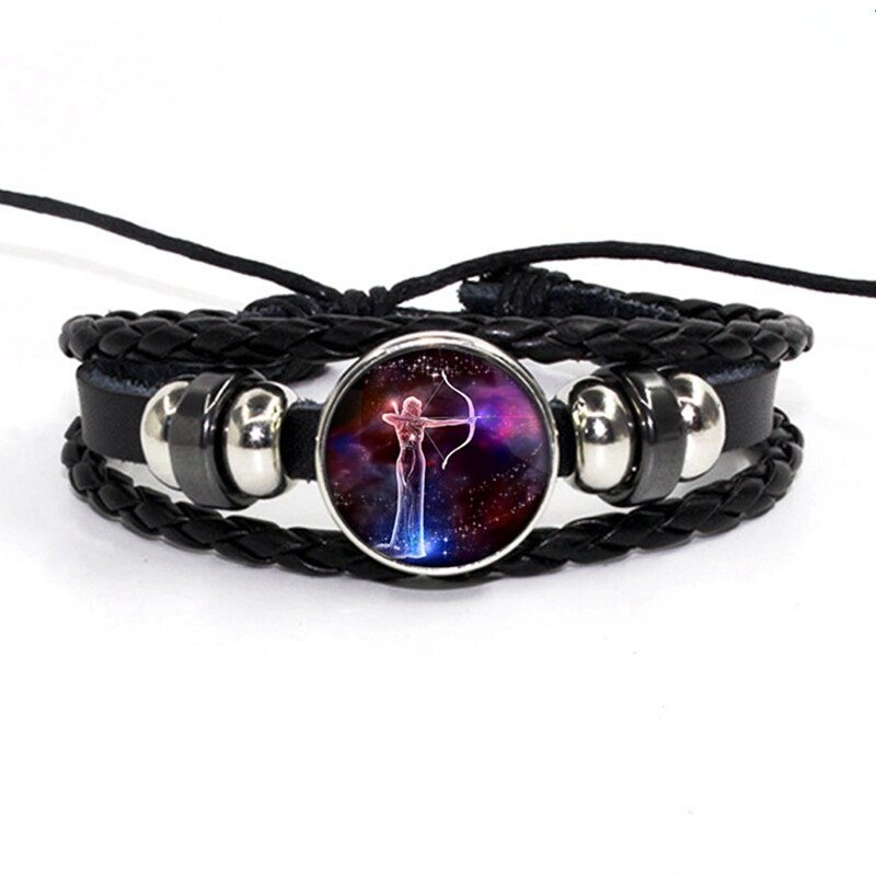 Luminosos 12 signos del zodiaco pulsera que brillan en la constelación oscura cabujón de cristal botón a presión pulseras de cuero de cumpleaños: 3-Sagittarius