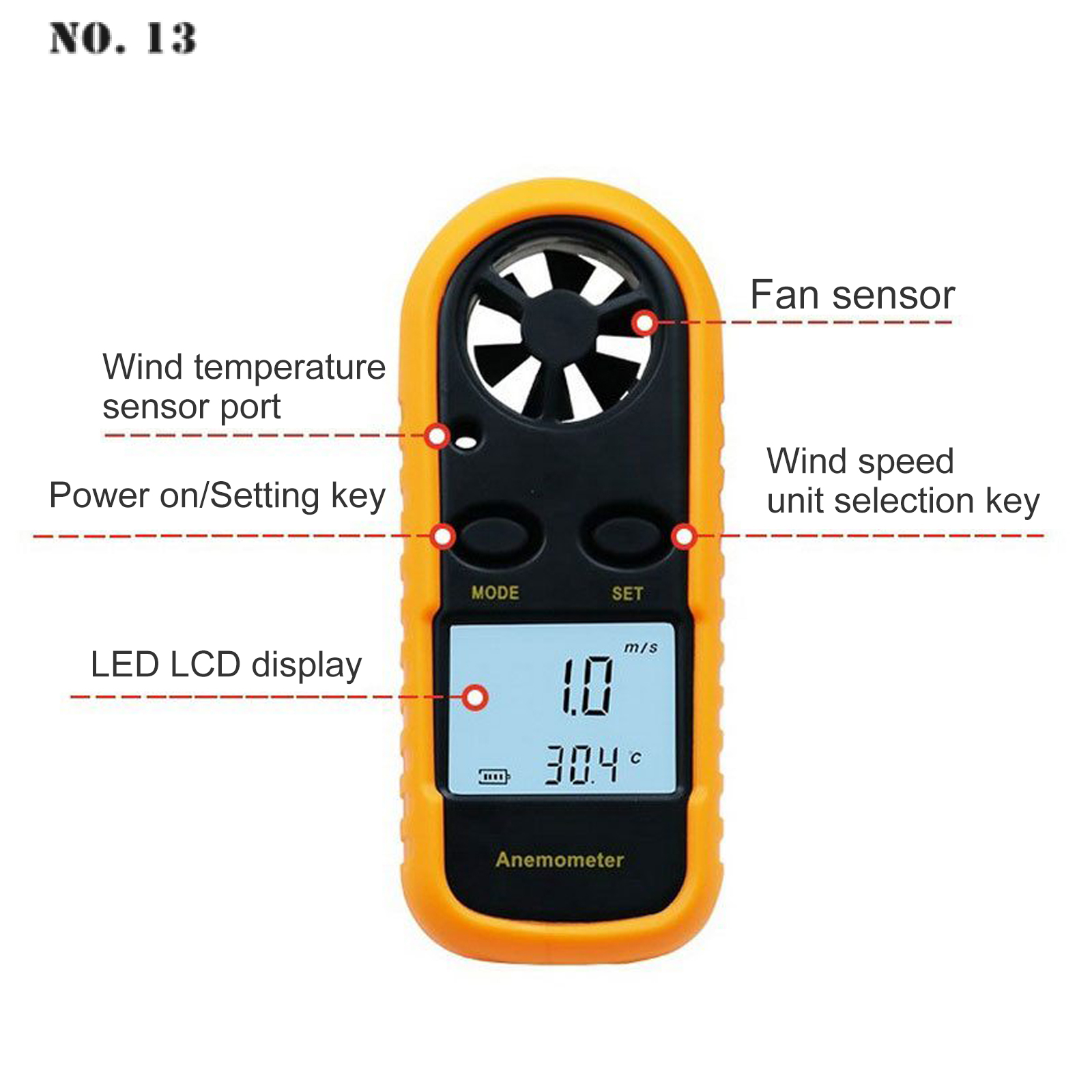 Digital Anemometer 0-30m/s Wind Speed Meter -10 ~ 45C Temperature Tester Anemometer with LCD Backlight Display
