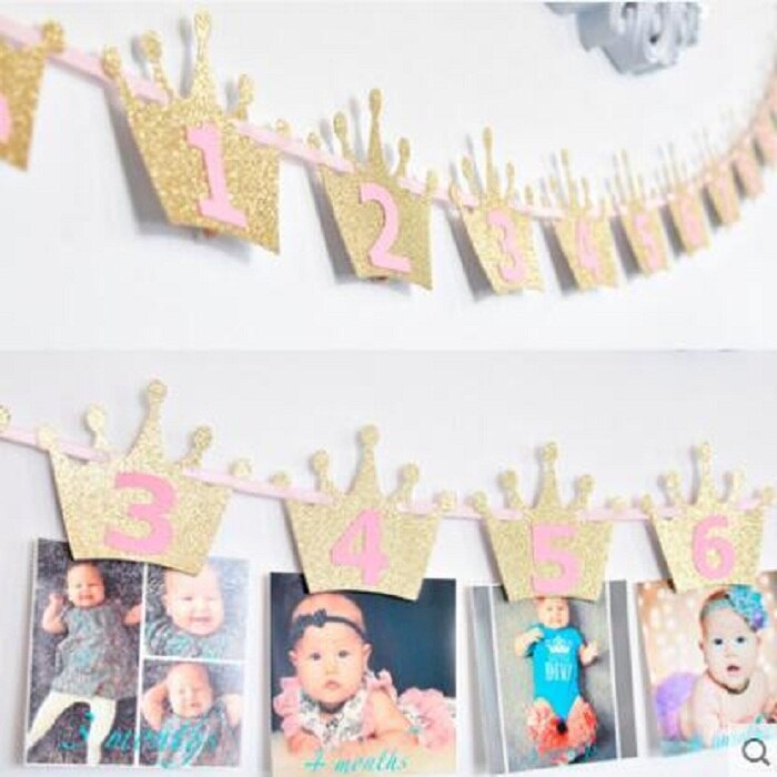 Gouden/zilveren kroon feestvlag 1e verjaardag wimpel bel slinger banner wimpel voor decoratie doe-het-zelf gunst wh