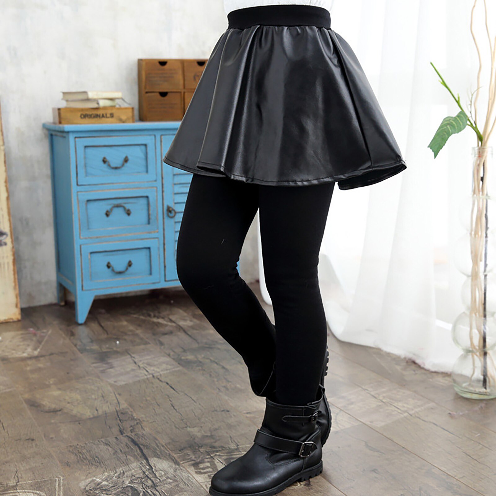 Jupe en cuir PU pour filles, Leggings d'hiver, pantalons pour enfants, polaire épaisse et chaude, faux deux pièces, Culotte pour enfants