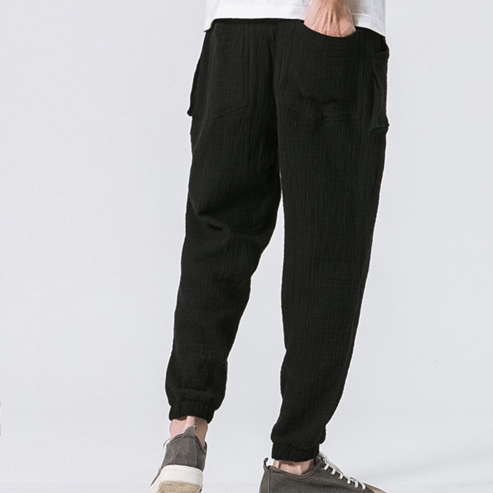 Casual Men Loose Drawstring Sports Gym Trousers Long Ankle Banded Bloomers Pants: XL / Black