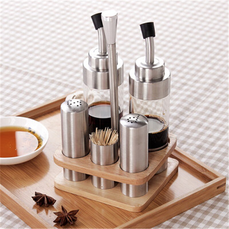 Soy Source Rack 5Pcs Seasoning Bottle Set with Wooden Rack Pepper ... – Vicedeal