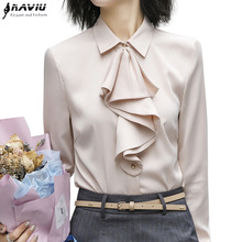 Women Ruffle Shirt Formal Long Sleeve Slim Chiffon Blouses Office Ladies Plus Size Work Tops