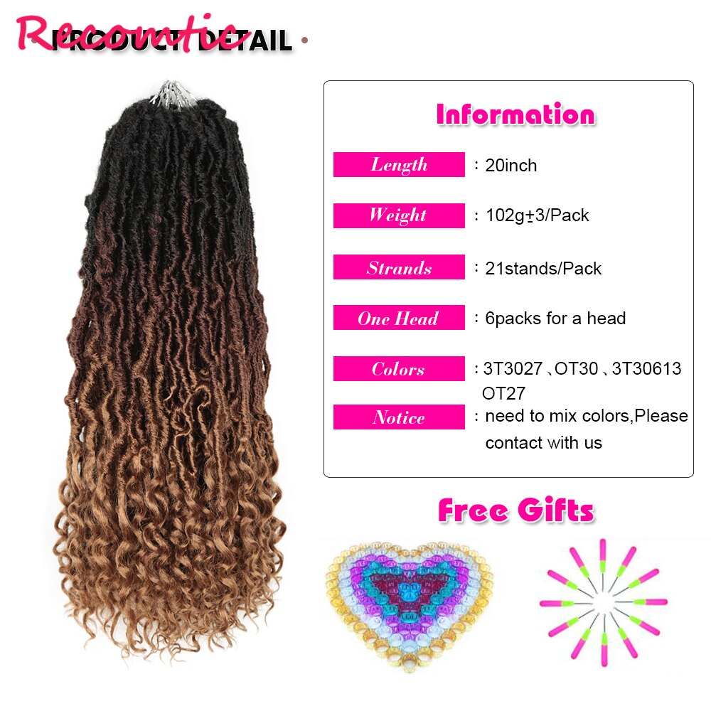 Recomtic 20inch Natural Synthetic Hair Extensions Goddess Nu Locs Crochet Braids Heat Resistant For Black Women