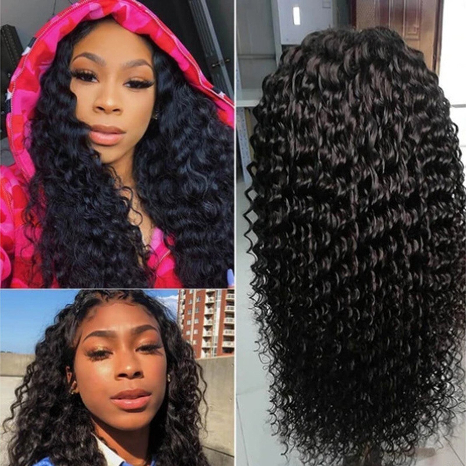 Peluca de pelo rizado negro para mujer, largo sintético Afro, División Midd, fibra resistente al calor, Media peluca atada a mano # g30