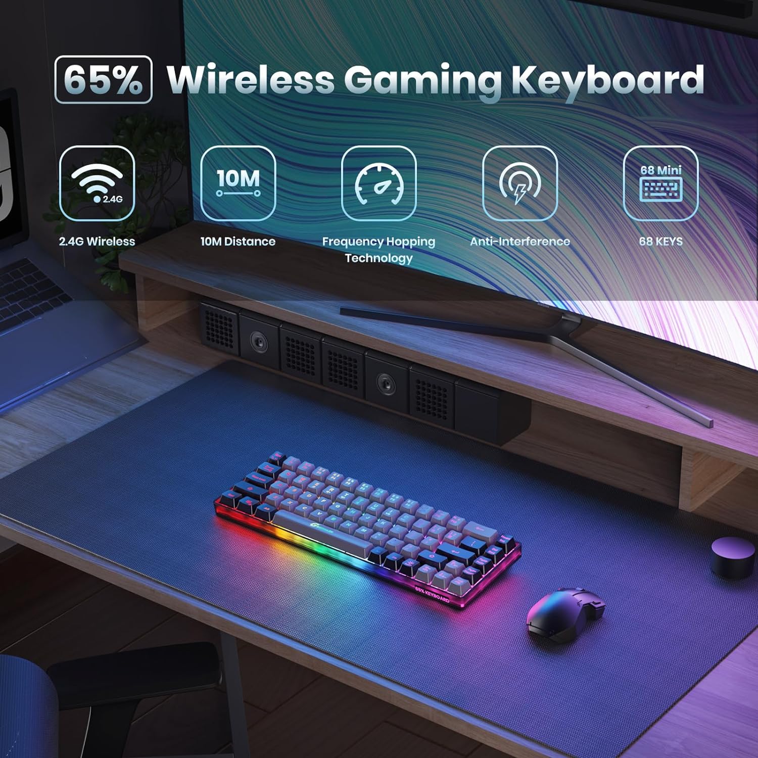65%  trådløse gamingtastaturer genopladelige baggrundsbelyste gamingtastaturer ultrakompakt anti-ghosting konfliktfrit tastatur til pc bærbar computer