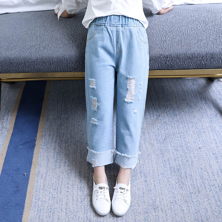 Jeans för flickor hål barn jeans tjejer höstmanschetter barn slitna jeans fritidskläder för flickor 6 8 10 12 14