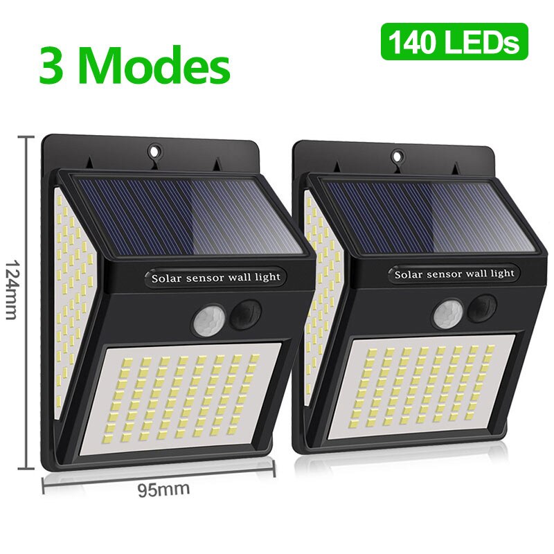 Outdoor Solar Light 412 LED Motion Sensor Lights Waterproof Sunlight Powered 3 Mode Street Wall Lamp for Garden Patio Decoration: 140 LED-2 Pieces