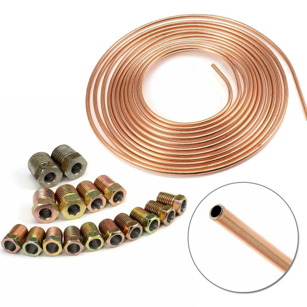Car Brake Line Tubing Coil Roll &amp;Fittings 25ft 1/4 OD Steel Zinc Copper Nickel Brake Pipe Tube W/ Fittings 7.6 Meter