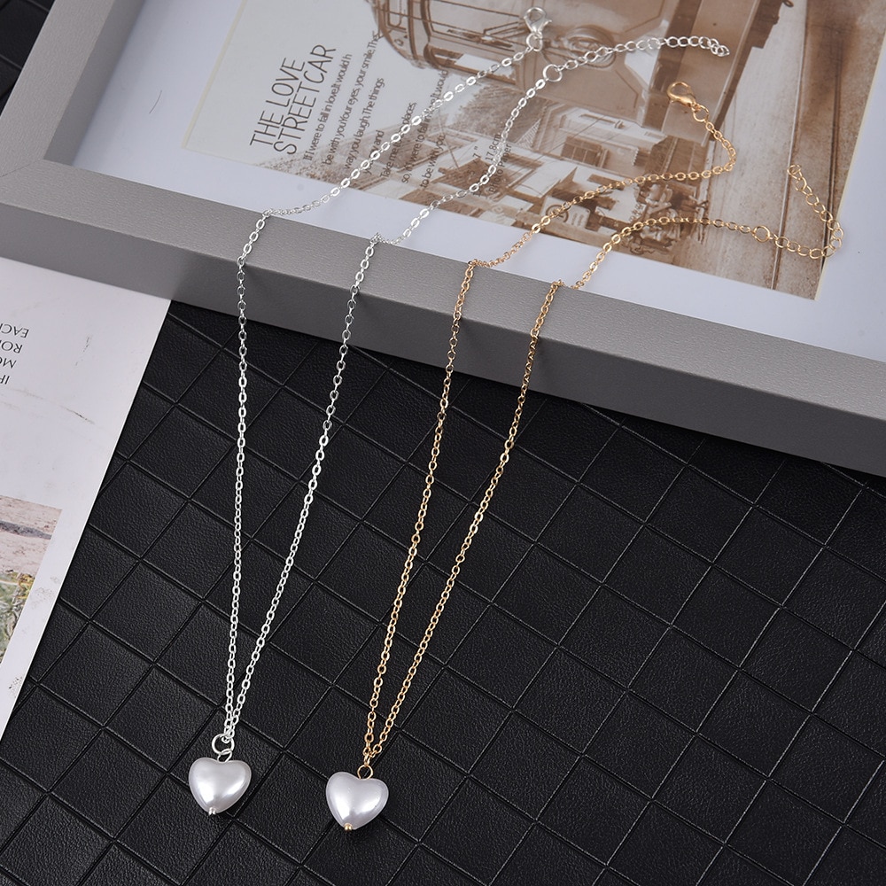 Collar de corazón de perlas para mujer, gargantilla de cadena de clavícula, joyería , de ,