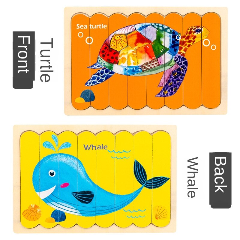 Di legno creativo ice cream bar di puzzle per bambini educativi del fumetto traffico animale storia double-sided cognitivo puzzle: Turtles and whales