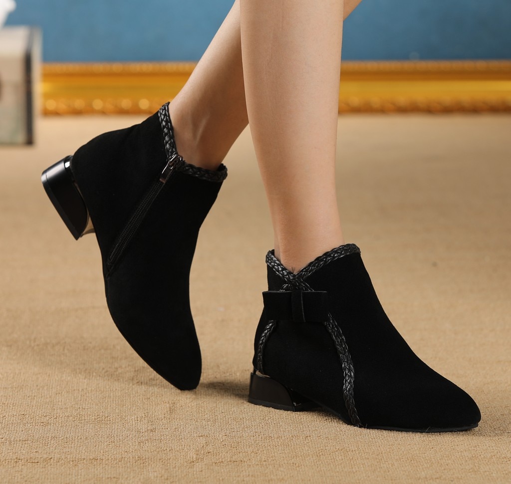 Women's Winter Suede Short Boots Classic Business Pointed Ankle Boot Office Lady Low Heel Formal Dress Shoes Side Zip