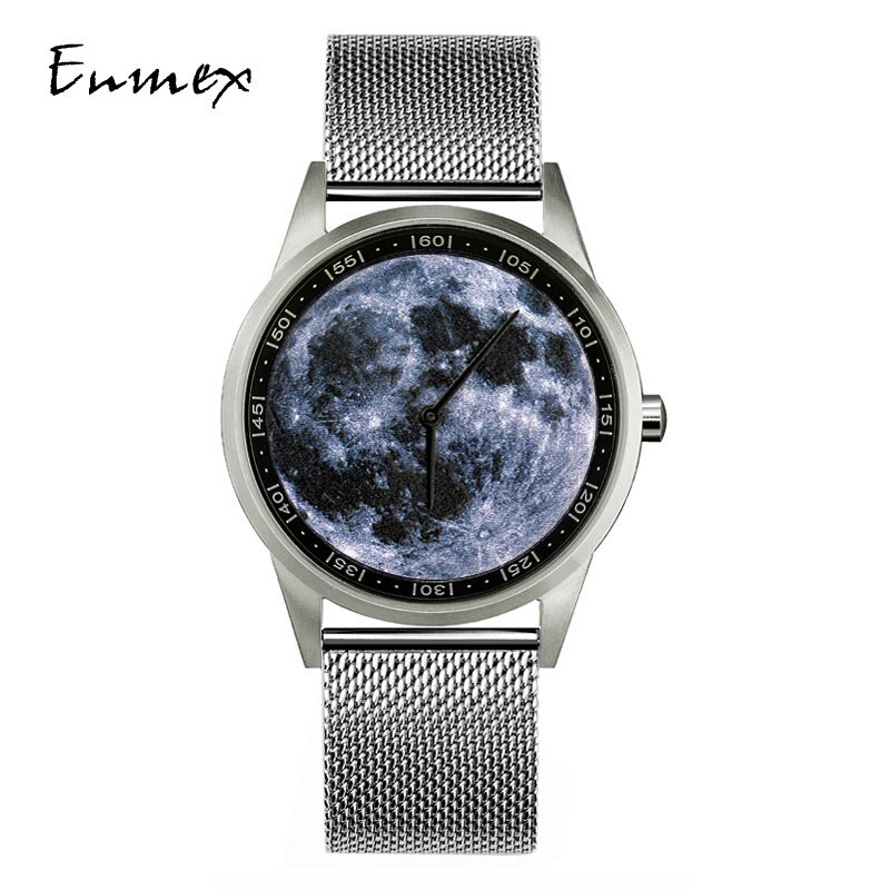 Enmex montre-bracelet 3D lune boîte en acier inoxydable peinture à l'huile visage horloge quartz horloge montre: silver steel