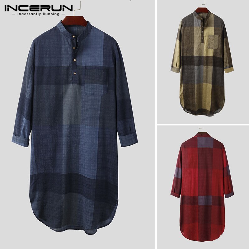 Incerun Moslim Mannen Islamitische Kaftan Lange Mouwen Stand Kraag Katoen Plaid Vintage Casual Robes Streetwear Caftan Mannen Jubba Thobe