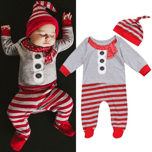 Herfst 2 stks Baby Jongen Meisje Kerst Santa Streep Lange Mouwen Footies Jumpsuit En Hoed Casual Outfit Kleding set